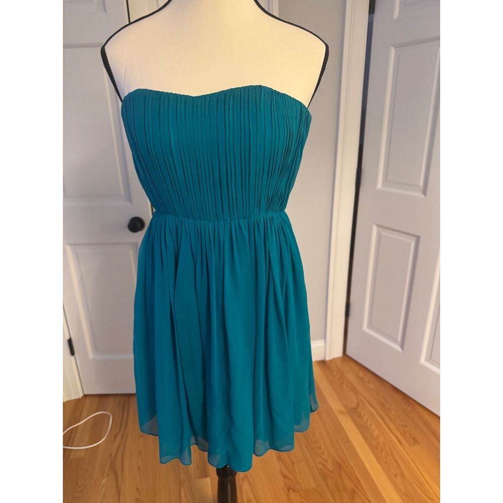 Alice + Olivia Strapless Sheer SILK Chiffon Wedding Guest Dress Fit & Flare Teal